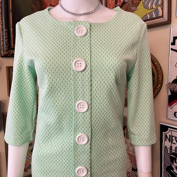 70s Vintage Green & White Polyester Button-Front Cropped Sleeve Shift Dress S - Picture 4 of 5